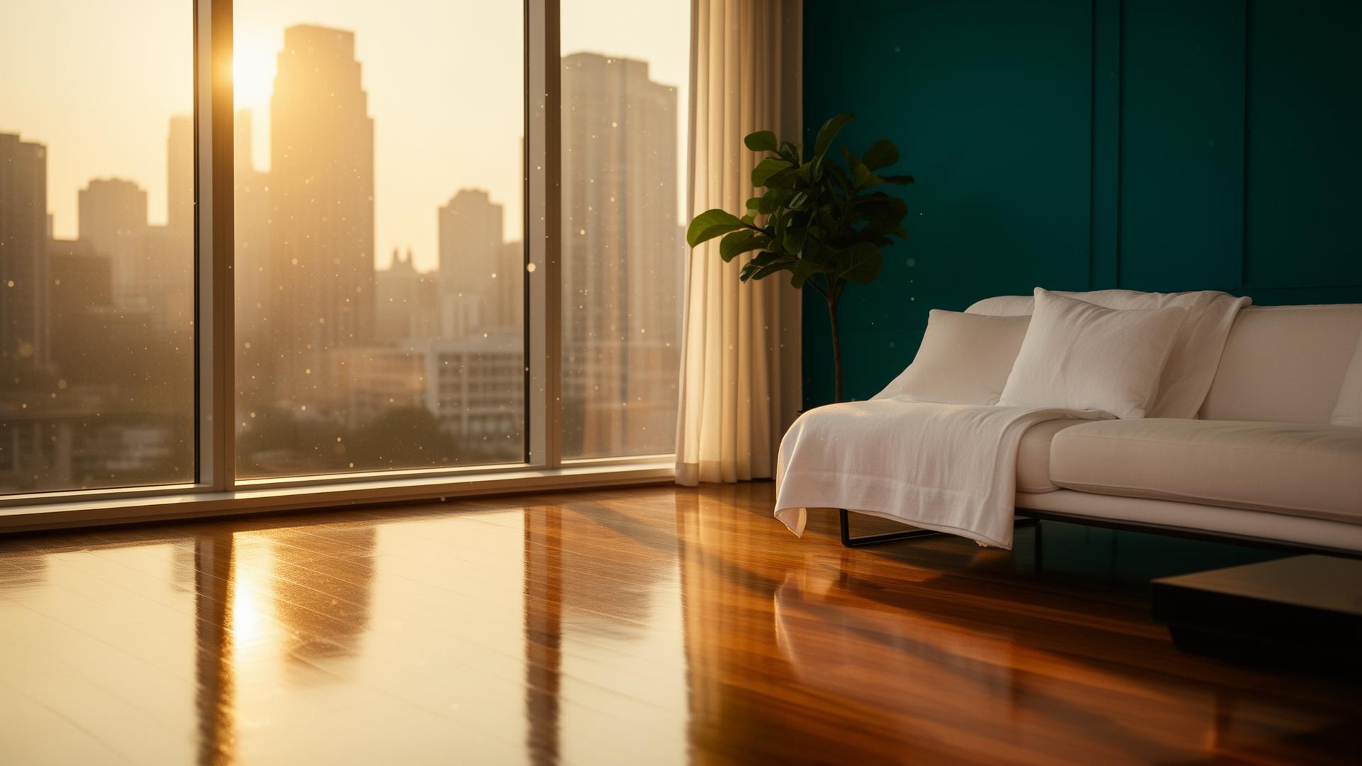 Pristine modern living room bathed in golden Atlanta light